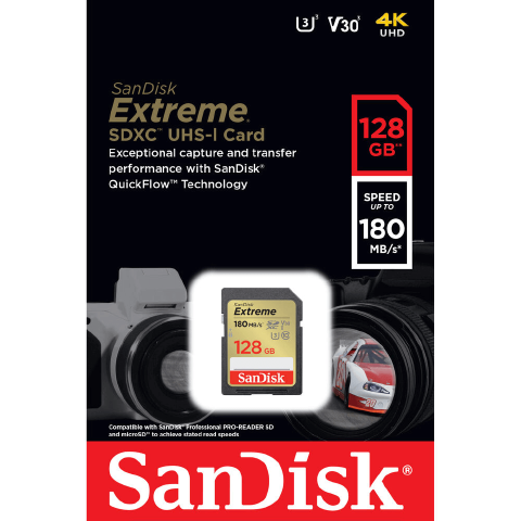 CARTAO DE MEMORIA SD 128GB SANDISK CLASSE 10 EXTREME 180MB/S