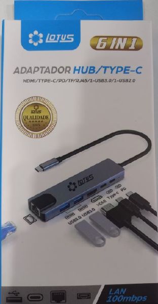 HUB USB TIPO C 3.0  6 EM 1 RJ45 USB 3.0 USB 2.0 HDMI TIPO C PD TF  LOTUS LT-T602