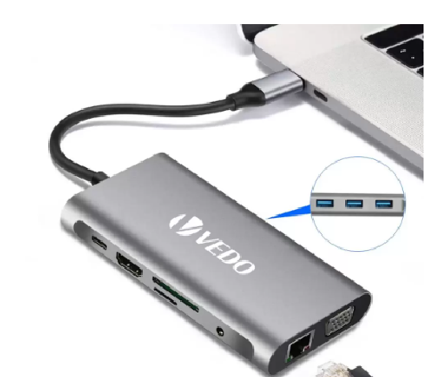 HUB USB TIPO C 10 EM 1 3USB 3.0 HDMI VGA RJ45 LEITOR MICRO-SD AUDIO E TIPO C  VEDO VD76