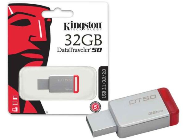 PEN DRIVE 32GB KINGSTON DT50 USB 3.1/3.0/2.0 PRATA E VERMELHO