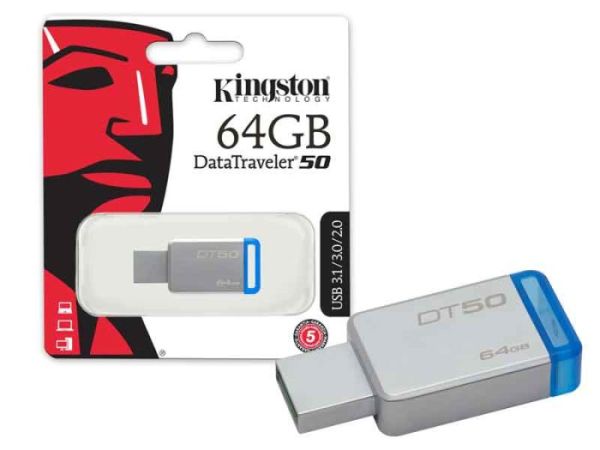 PEN DRIVE 64GB KINGSTON DT50 USB 3.1/3.0/2.0 PRATA E AZUL